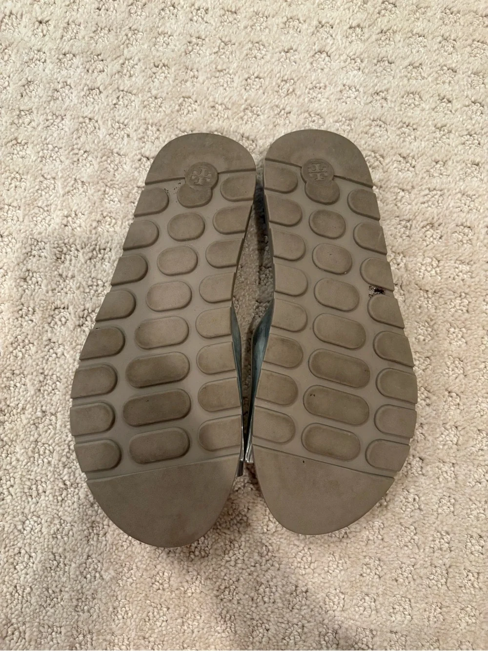 Tory Burch Metallic Silver Logo Buckle Slide Sandals